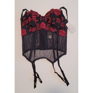 Women Roselle Lace Up Medium Black W Red Flowers  Bustier Corset Bustier